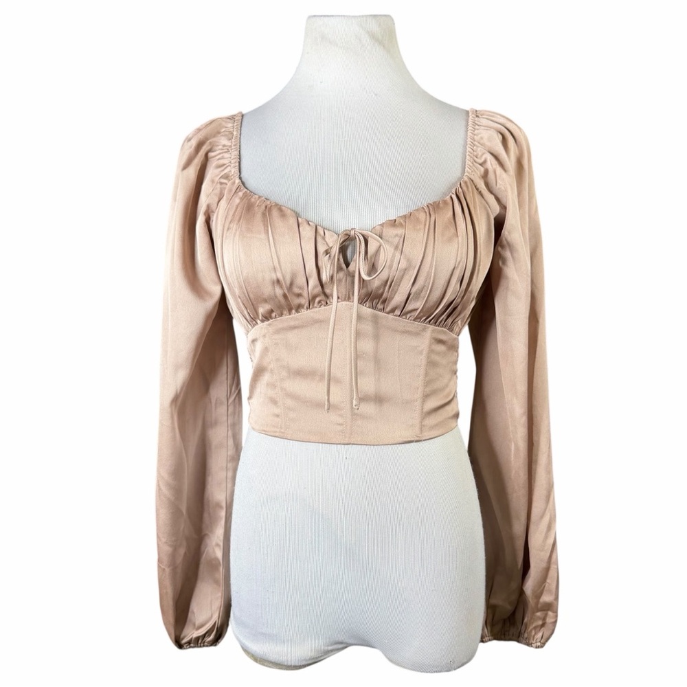 Altar'd State Tan Satin Smocked Long Sleeve Peasant Crop Top - Size XS